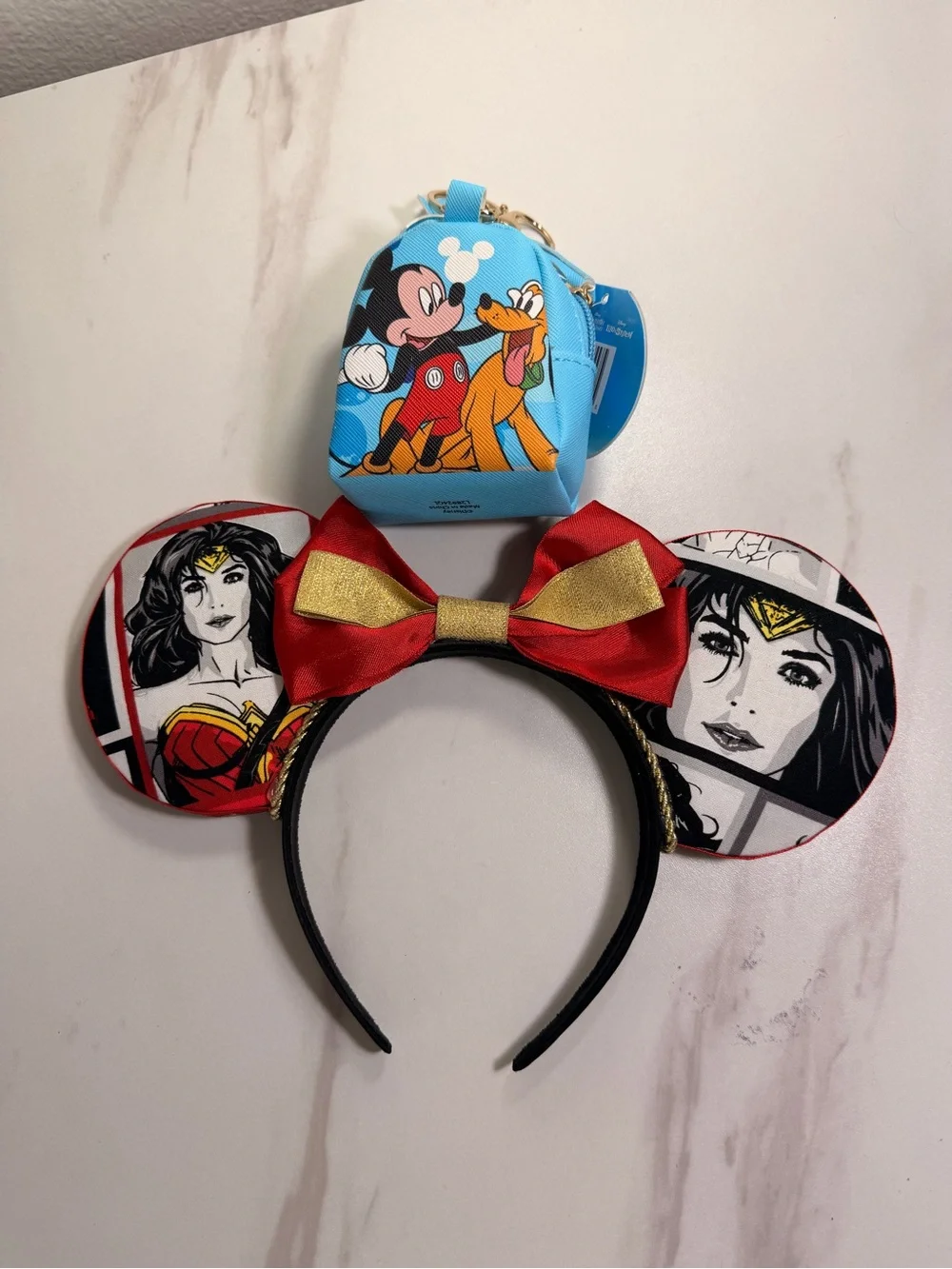 Wonder Woman x Mickey Kids Costume Ear Headband with Red & Gold Bow